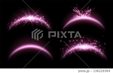 Pink magic arches set with glowing particles, silver sunlight lens flare. Neon realistic energy flare arch. Abstract light effect on a black background. Vector illustration. 136228364