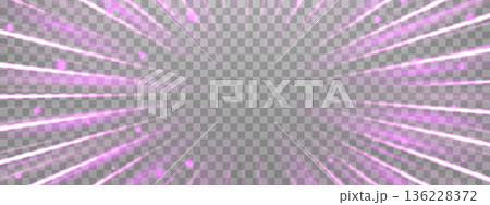 Radial speed rays, light neon flow, zoom in motion effect, pink glow speed lines, colorful light trails, perspective stripes Abstract background, vector illustration. 136228372