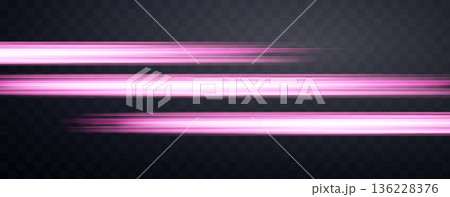 Speed rays, velocity light neon flow, zoom in motion effect, pink glow speed lines, colorful light trails, stripes. Abstract background, vector illustration 136228376