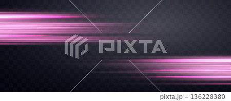Speed rays, velocity light neon flow, zoom in motion effect, pink glow speed lines, colorful light trails, stripes. Abstract background, vector illustration. 136228380