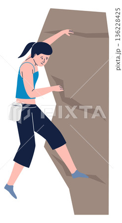 Outdoor mountain activity. Female athlete climbing stone 136228425