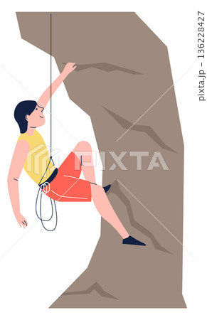 Extreme outdoor sportsman. Climbing person hanging on rope Extreme outdoor sportsman. Climbing person hanging on rope 136228427