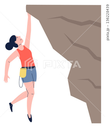 Dangerous mountain sport. Female climber hanging on rock Dangerous mountain sport. Female climber hanging on rock 136228439