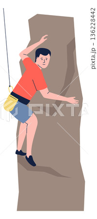 Man hanging on rope and climb on rock cliff mountain Man hanging on rope and climb on rock cliff mountain 136228442