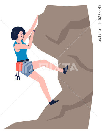Woman climbing up on cliff. Outdoor nature activity 136228445