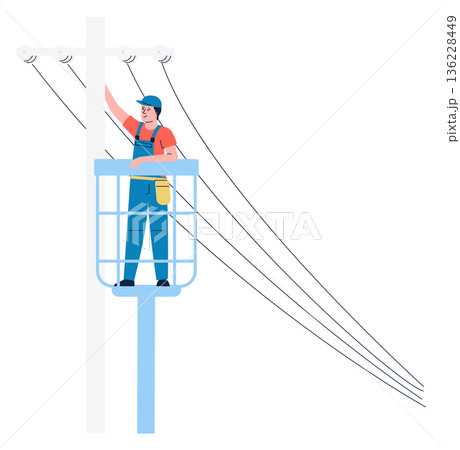 Electric pole maintenance. Worker repair power wires 136228449