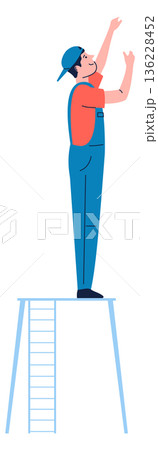Electric repair color icon. Worker stand on ladder 136228452