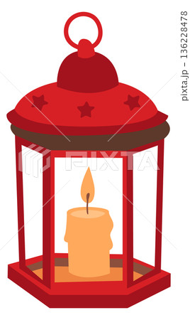 Red lantern with burning candle. House holiday decoration Red lantern with burning candle. House holiday decoration 136228478