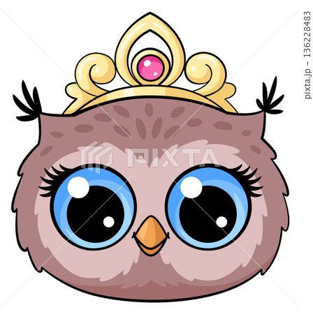 Princess owl cartoon head. Bird girl face Princess owl cartoon head. Bird girl face 136228483