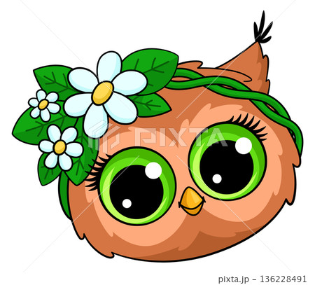 Cute owl in floral wreath. Spring nature mascot Cute owl in floral wreath. Spring nature mascot 136228491