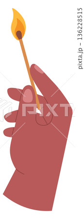 Burning matchstick in human hand. Fire starting color icon 136228515