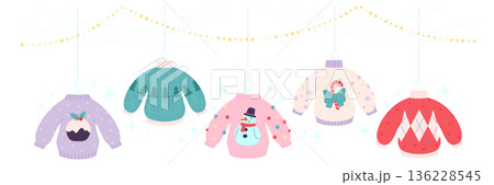 Christmas sweaters garland. Winter holiday decorative bunting 136228545
