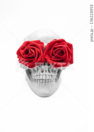 Symbolic Skull with Red Roses Covering Eyes on White Background Symbolic Skull with Red Roses Covering Eyes on White Background 136228958