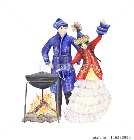 Traditional couple with ceremonial fire bowl. Watercolor people Cooking at Fire Nowruz Scene 136228990