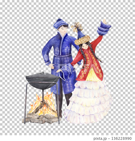Traditional couple with ceremonial fire bowl. Watercolor people Cooking at Fire Nowruz Scene 136228990
