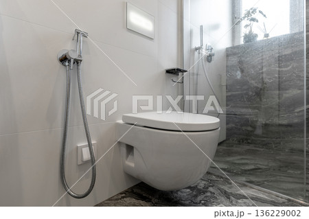 Modern Bathroom Interior with Wall Hung Toilet and Marble Tiles 136229002