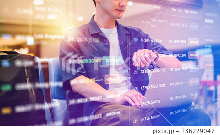 未来の空港でフライト確認する男性 ■撮影協力：関西国際空港（KIX） 136229047