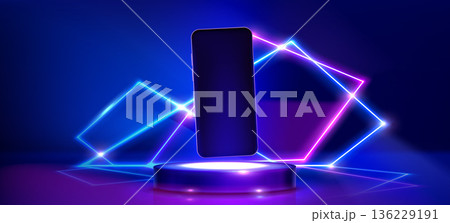Smartphone mockup on 3D neon podium, neon lamps Smartphone mockup on 3D neon podium, neon lamps 136229191