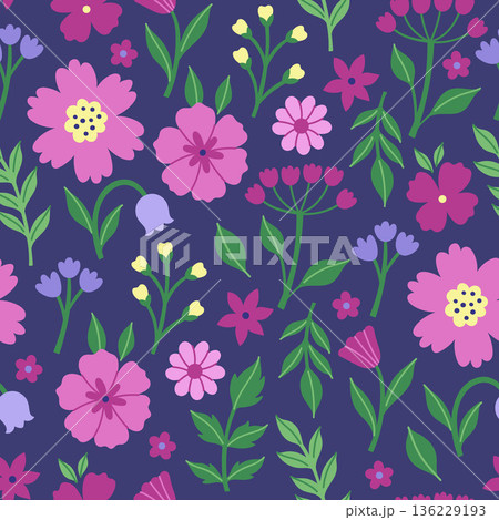 Seamless pattern of flowers on a dark blue background. Vector graphics. 136229193