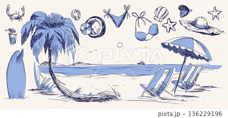 Vintage sketch beach illustration with palm trees 136229196