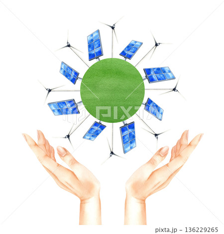 Two hands raised up to symbol of Alternative electricity and environmental protection. Solar panel, wind turbine on green round field. PV battery, windmill with human palms isolated from background 136229265