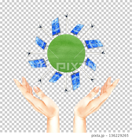 Two hands raised up to symbol of Alternative electricity and environmental protection. Solar panel, wind turbine on green round field. PV battery, windmill with human palms isolated from background 136229265