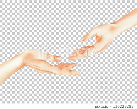 Two hands reach out to each other with palms up. Women's hands in different poses. Watercolor isolated illustration as support, trust and care. For psychological centers, skincare brands and charity 136229285