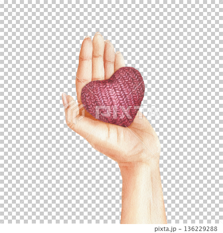 Hand holding knitted red heart. Open Human palm as symbol of support, charity, care and kindness, trust. Crochet heart. Drawing with colored pencils and watercolor. Isolated illustration Hand holding knitted red heart. Open Human palm as symbol of support, charity, care and kindness, trust. Crochet heart. Drawing with colored pencils and watercolor. Isolated illustration 136229288