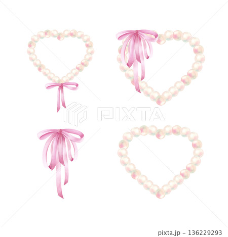 Pearl heart tied pink double bow. Watercolor set with silk ribbon and delicate beads. Love symbol for Valentine and Wedding Day. Elegant drawing collection of illustrations isolated from background 136229293