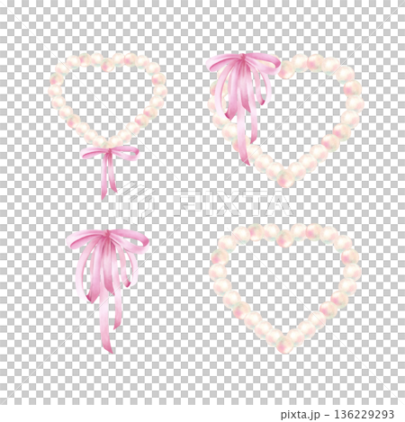 Pearl heart tied pink double bow. Watercolor set with silk ribbon and delicate beads. Love symbol for Valentine and Wedding Day. Elegant drawing collection of illustrations isolated from background 136229293