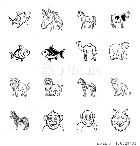 Collection of various animal vector line art illustrations in black and white Collection of various animal vector line art illustrations in black and white 136229433