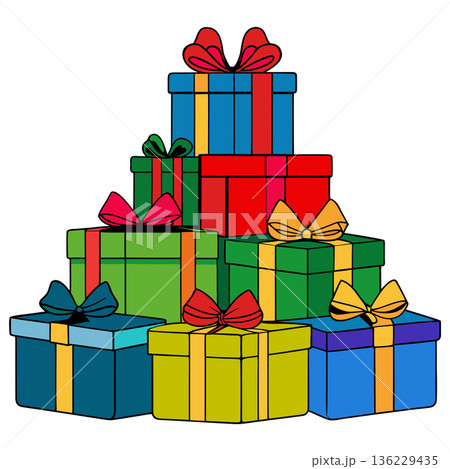 Colorful and Festive Gift Boxes Stacked in Celebration Style Illustration 136229435