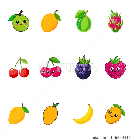 Cute cartoon fruit collection featuring mango banana cherry and other tropical fruits 136229448