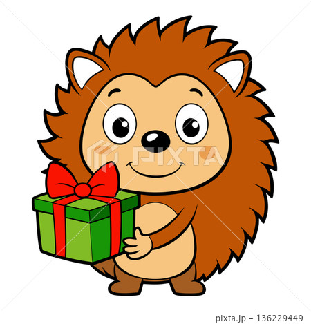 Cute cartoon hedgehog character holding gift box with red ribbon 136229449