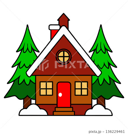 Cute Cartoon Winter Cabin in Snowy Landscape Surrounded by Pine Trees 136229461
