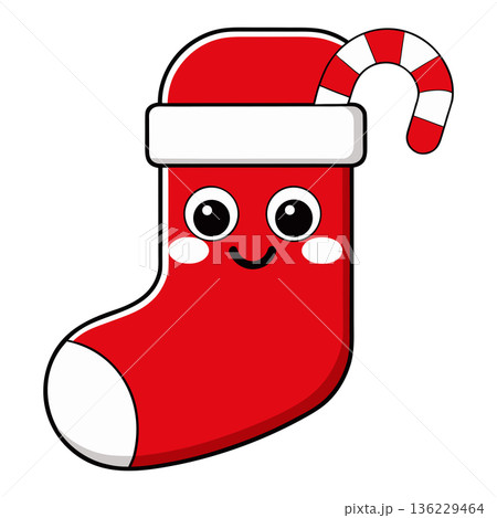 Cute Christmas Stocking Character with Candy Cane Holiday Festive Design Cute Christmas Stocking Character with Candy Cane Holiday Festive Design 136229464