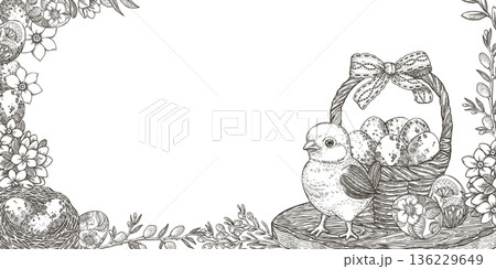 Easter banner with cute chick and basket in vintage sketch style. Hand drawn vector background with nest and egg. Horizontal outline frame with copy space. Perfect for web design and holiday template. 136229649