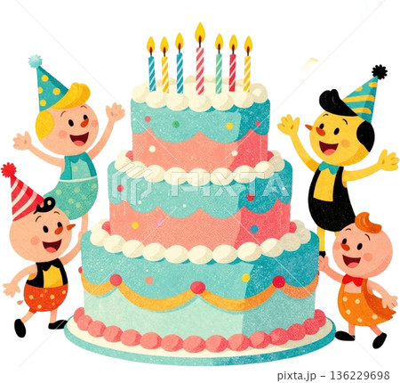 誕生日　レトロでかわいいバースデーパーティーのイラストセット　ヴィンテージ風 136229698