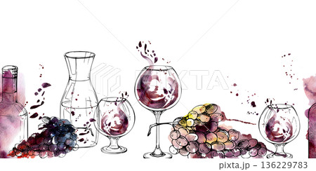 Seamless border of ink grape clusters, bottle, decanter carafe and balloon glass, watercolor splashes. Isolated illustration hand drawn for wrapping paper, drink menu headers, vineyard promotion. Seamless border of ink grape clusters, bottle, decanter carafe and balloon glass, watercolor splashes. Isolated illustration hand drawn for wrapping paper, drink menu headers, vineyard promotion. 136229783