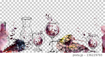Seamless border of ink grape clusters, bottle, decanter carafe and balloon glass, watercolor splashes. Isolated illustration hand drawn for wrapping paper, drink menu headers, vineyard promotion. Seamless border of ink grape clusters, bottle, decanter carafe and balloon glass, watercolor splashes. Isolated illustration hand drawn for wrapping paper, drink menu headers, vineyard promotion. 136229783
