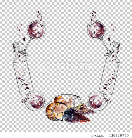 Hand drawn wreath frame with bottle, balloon glass, wooden barrels and grape bunches in ink and watercolor. Menu covers, wine labels, tasting event stationery, branding and culinary editorial design. 136229799