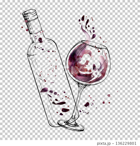 Bottle and rounded balloon glass in ink outline with red wine watercolor swirl and splash. Isolated illustration hand drawn for sommelier guides, gourmet magazines, hospitality branding, recipe books Bottle and rounded balloon glass in ink outline with red wine watercolor swirl and splash. Isolated illustration hand drawn for sommelier guides, gourmet magazines, hospitality branding, recipe books 136229801
