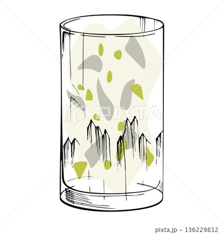 Flat vector Mojito cocktail drink, water with citrus pulp, soda fizzy lemonade in highball collins ink glass. Geometric balance, neutral clear palette. Hand drawn for bar branding, culinary visuals. Flat vector Mojito cocktail drink, water with citrus pulp, soda fizzy lemonade in highball collins ink glass. Geometric balance, neutral clear palette. Hand drawn for bar branding, culinary visuals. 136229812