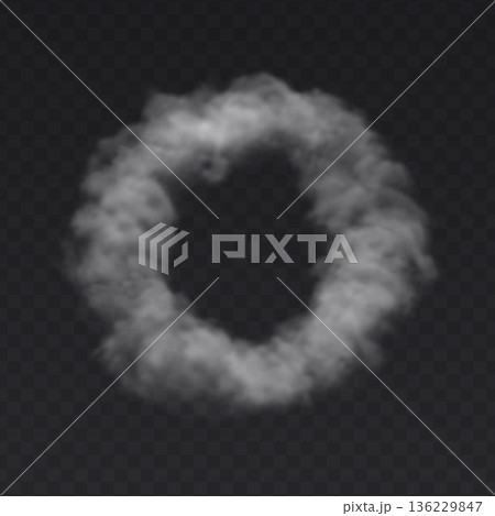 White Ring Smoke Fog on dark transparent background. Circle Cloud frame. 136229847