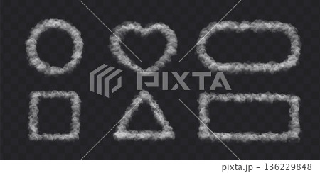 White smoke cloud frame square, circle, heart, rectangle, triangle and oval on dark background. 136229848