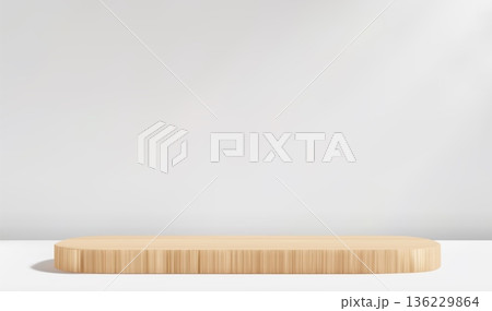 White room studio with wood podium. Wooden platform on light table for product presentation. 136229864