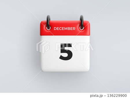 3D calendar icon with date 5 December on grey background. Vector schedule symbol. 136229900