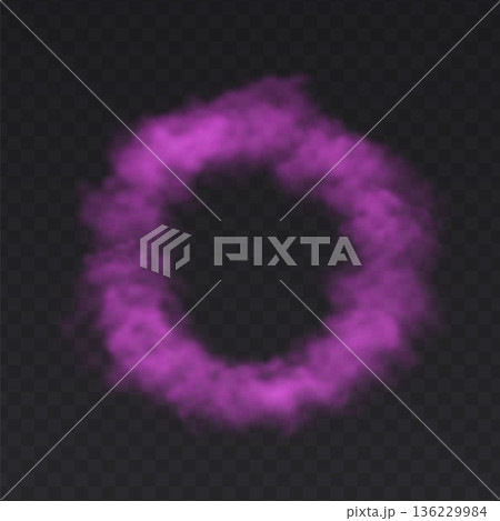 Pink Ring Smoke Cloud on dark transparent background. Fog circle frame 136229984