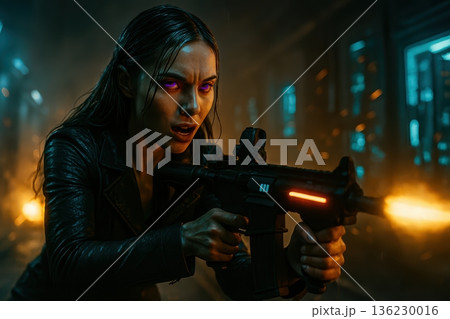 Supernatural Woman With Glowing Purple Eyes Aiming Assault Rifle In Smoke 136230016