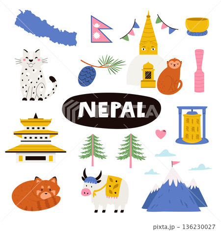 Nepal Design with National Symbols. Cute Travel Vector Illustration for Prints and Posters 136230027